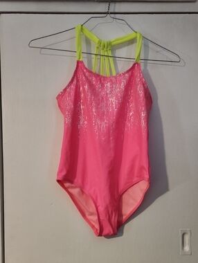 Neon Pink One-Piece Swimsuit with Lime Strappy Back
